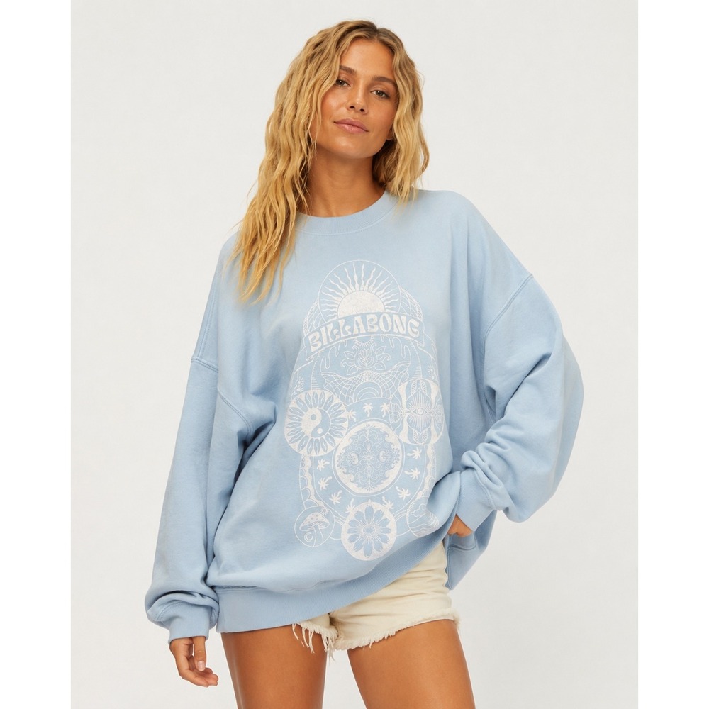 Billabong Womens Oversized Graphic Crew Neck Sweatshirt Light Blue Small NWT